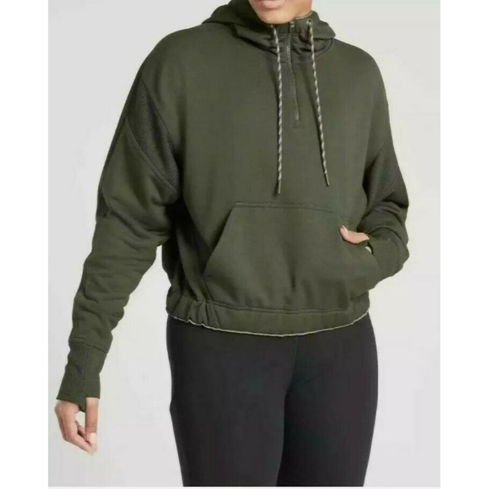 Athleta Ascend Warm Up Hoodie Top Quarter Zip Pullover Tuscan Olive 530131 Small